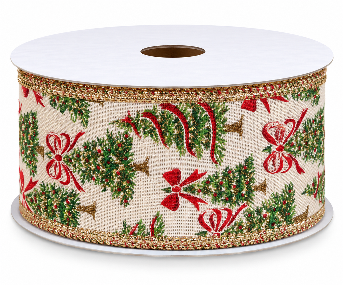 Christmas Tree & Bow Wired Ribbon — SOLD BY THE YARD
