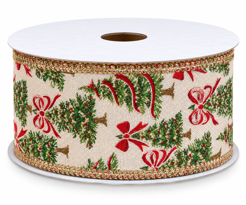 Christmas Tree & Bow Wired Ribbon — SOLD BY THE YARD