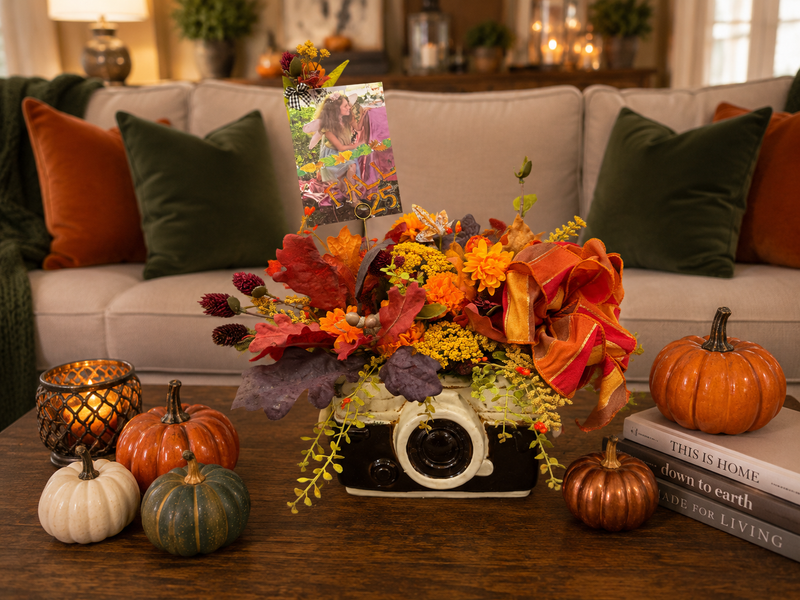 Vintage Camera Fall Floral Arrangement with Keepsake Photo Holder (photo holder included)
