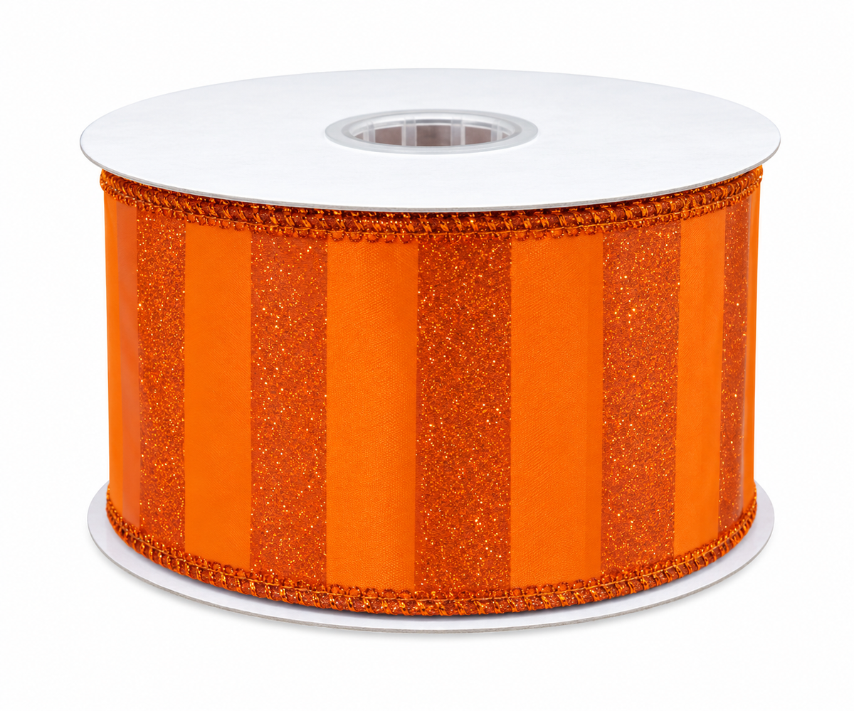 Orange Glitter Stripe Wired Ribbon SOLD BY YARD