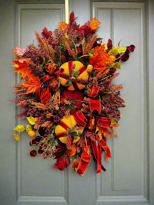 Burgundy Floral & Pumpkin Wreath - Oversized