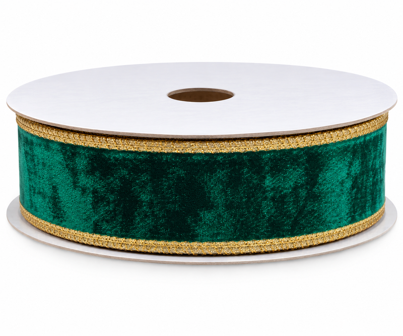 Emerald Green Velvet Wired Ribbon with Gold Edge — SOLD BY THE YARD