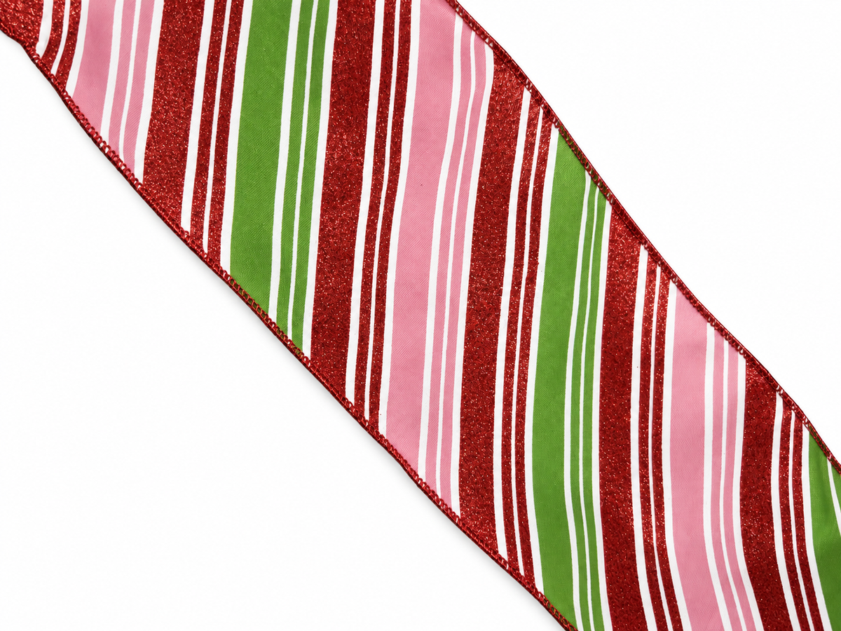 Pink, Green & Glitter-Red Candy Stripe Ribbon — SOLD BY THE YARD