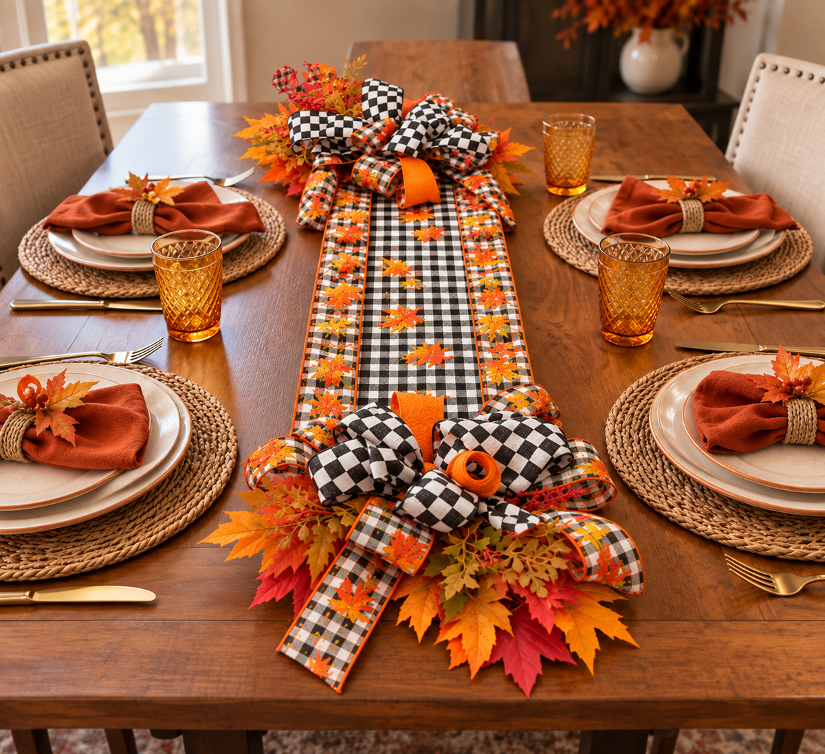 Autumn Ribbon and Faux Floral Table Runner