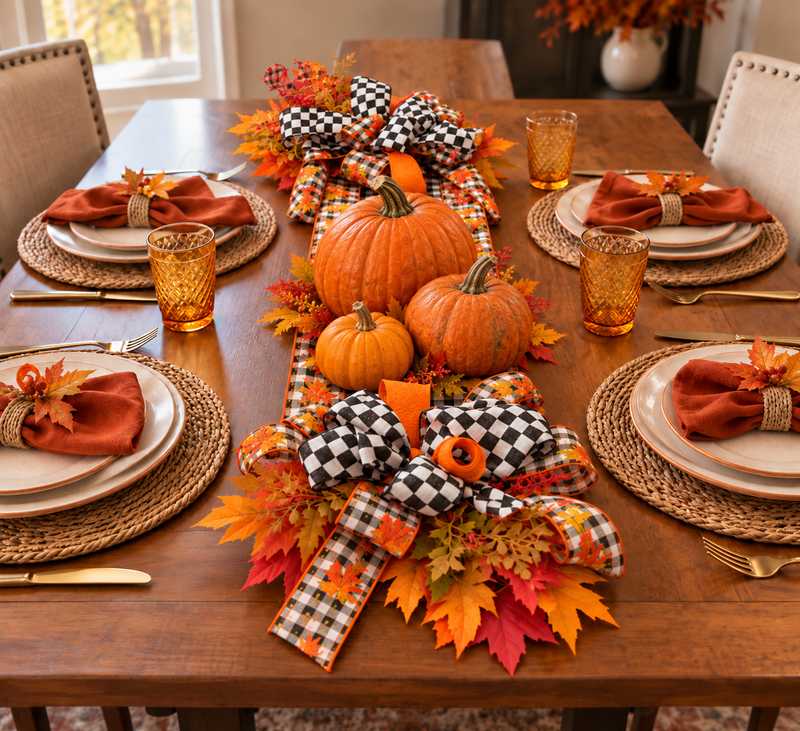 Autumn Ribbon and Faux Floral Table Runner