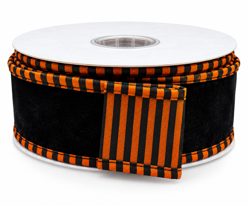 Black Velvet Ribbon with Orange & Black Checked Edge SOLD BY YARD