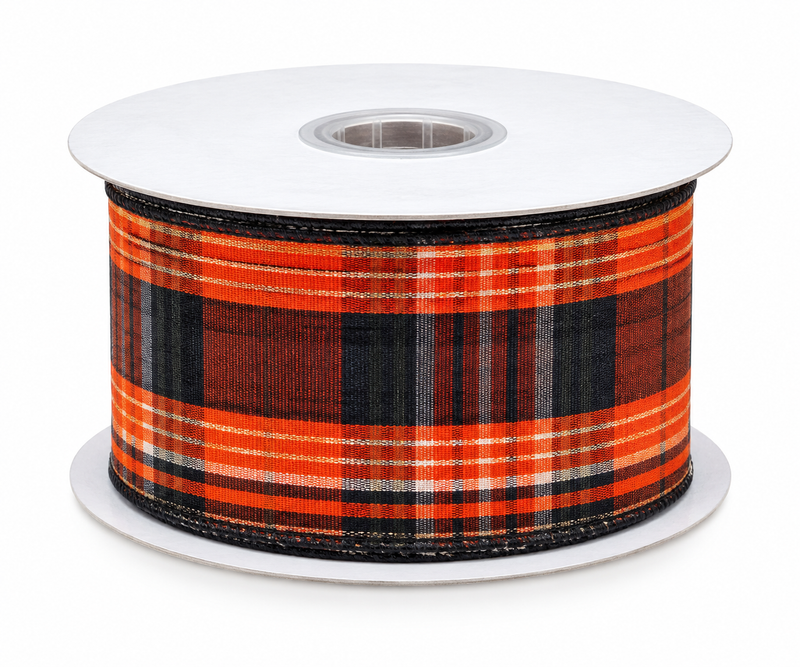 Orange & Black Fall Plaid Wired Ribbon. SOLD BY YARD