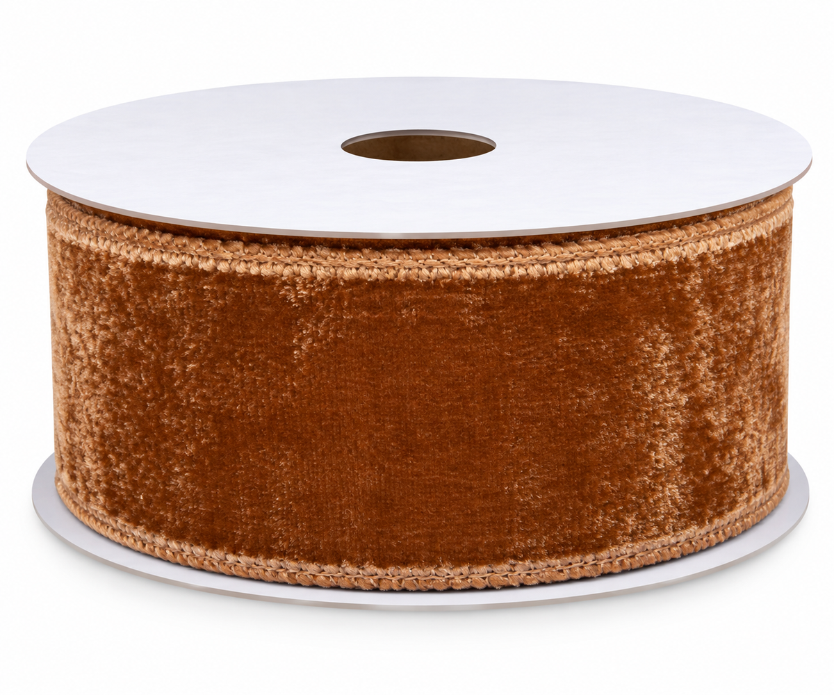 Caramel Brown Velvet Wired Ribbon — Sold by the Yard