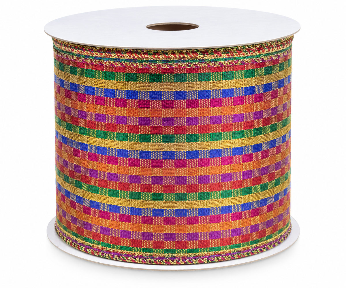 Multicolor Metallic Check Wired Ribbon — Sold by the Yard