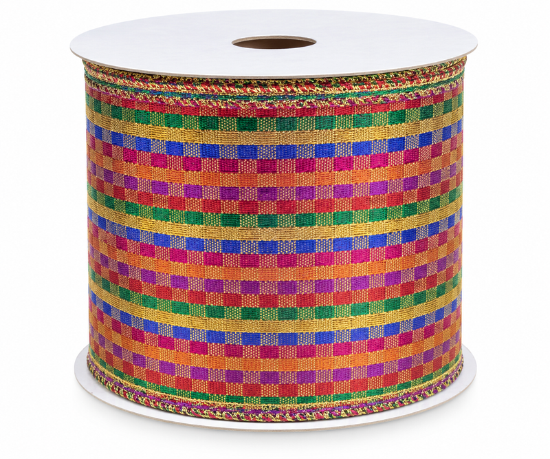 Multicolor Metallic Check Wired Ribbon — Sold by the Yard