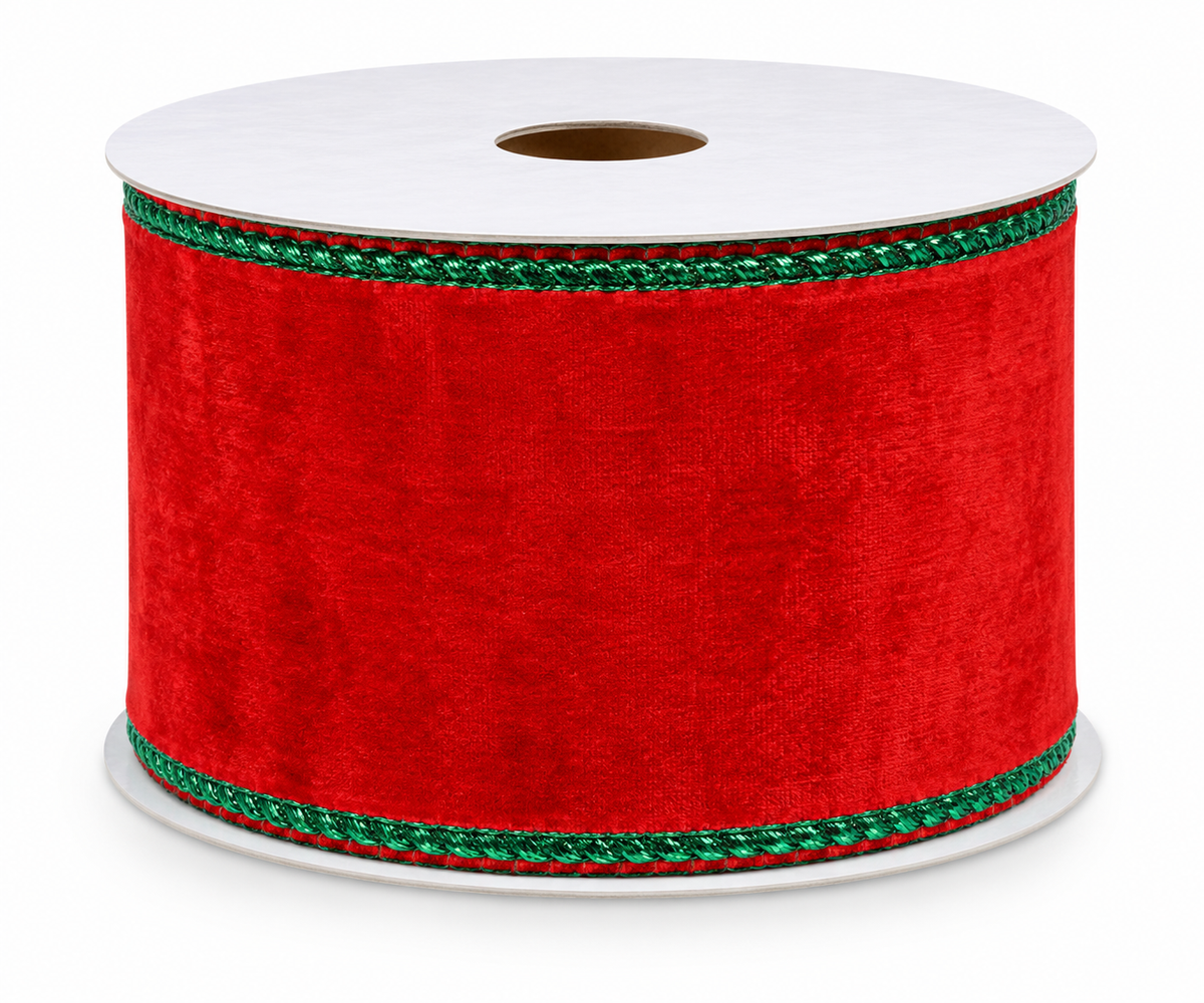 Red Velvet Wired Ribbon with Green Metallic Edge — SOLD BY THE YARD
