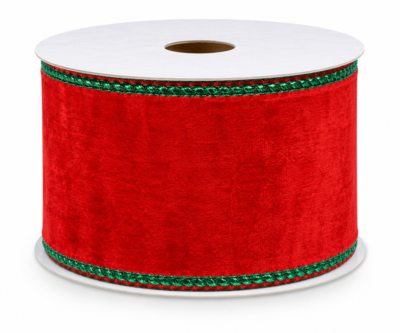 Red Velvet Wired Ribbon with Green Metallic Edge — SOLD BY THE YARD