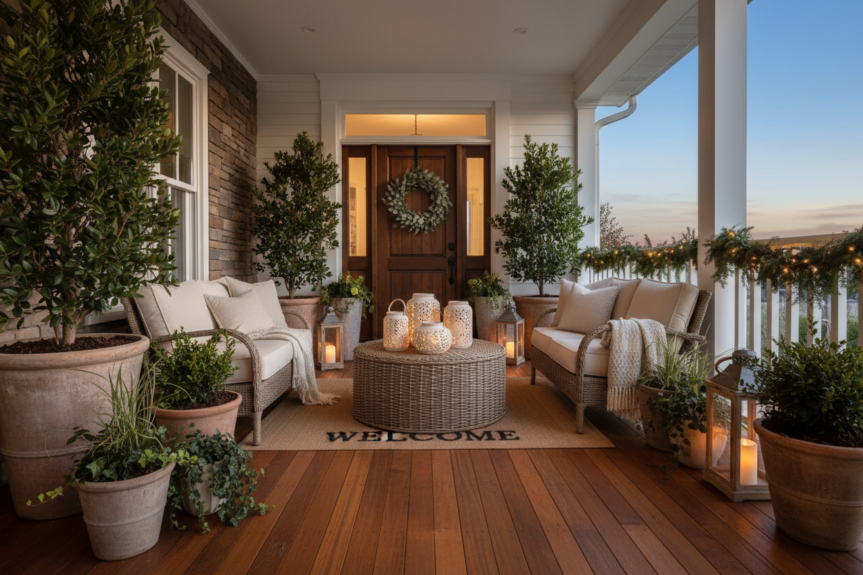 a welcoming porch decorated for all year long 
