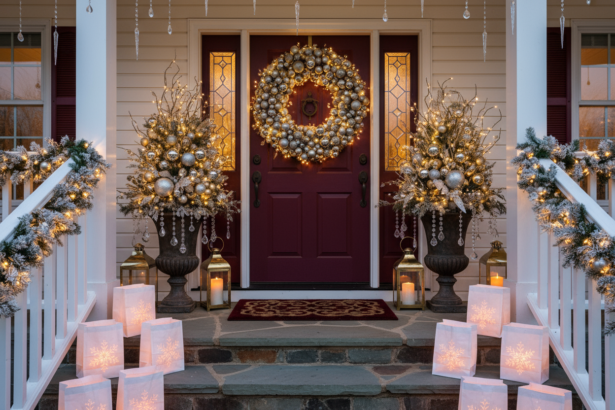 gorgeous decorated porch sparkly wreath on the door 