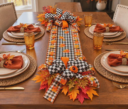 Autumn Ribbon and Faux Floral Table Runner