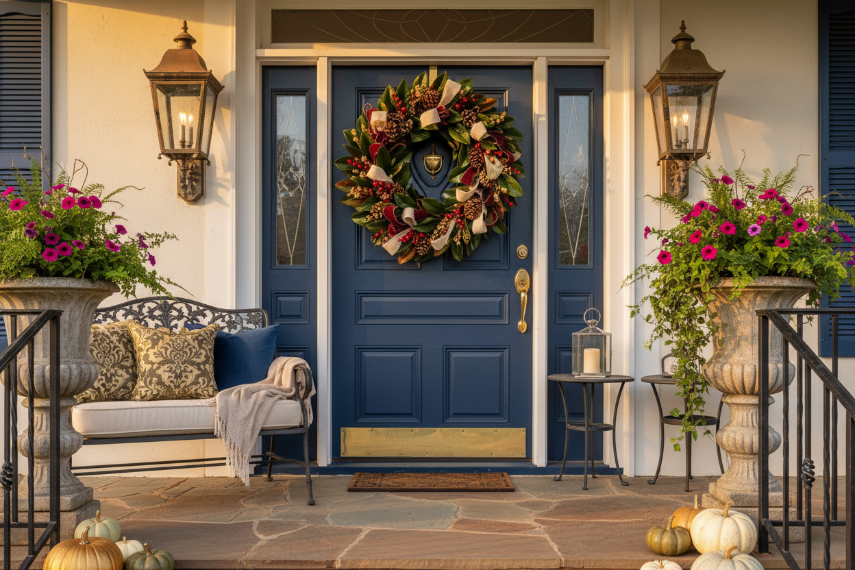  wreath on a front door of a stunningly decorated porch 